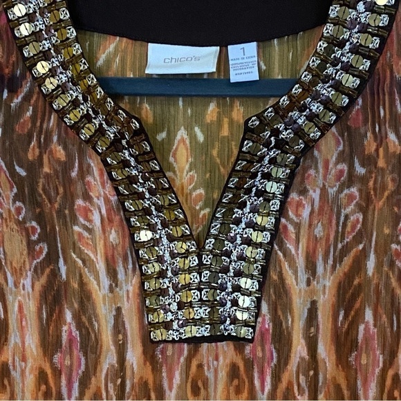 Chicos Size 1 US M Tropic Delight Kaikoura Embellished Tunic Top Boho Semi Sheer - Picture 10 of 10